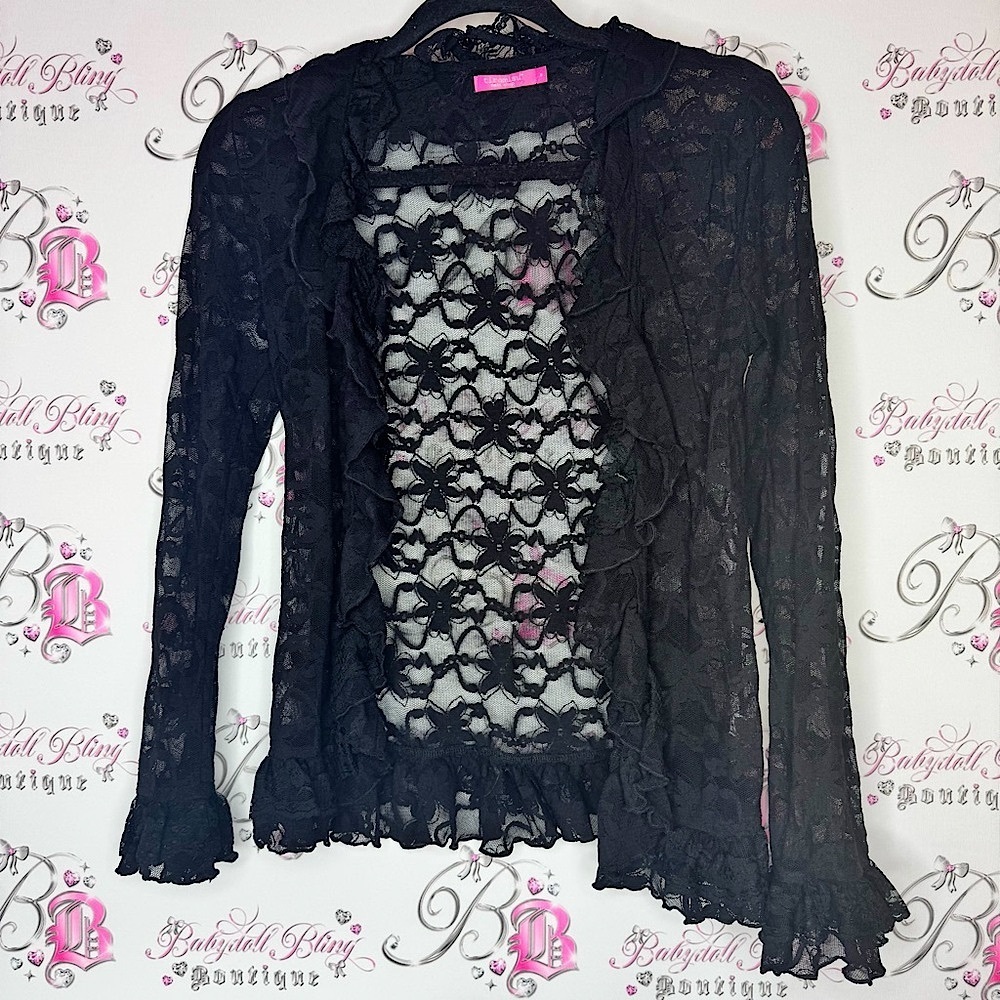 Tiramisu the next shop open mesh floral flowers Black Lace Ruffle Cardigan